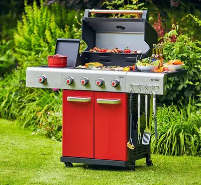 Outback Jupiter 4 Burner Hybrid BBQ with Choping Board - Red - image 1