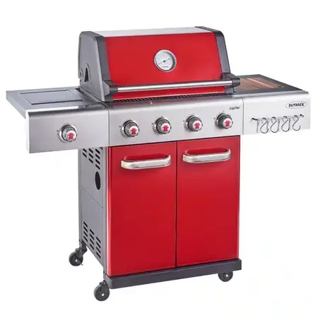 Outback Jupiter 4 Burner Hybrid BBQ with Choping Board - Red - image 2